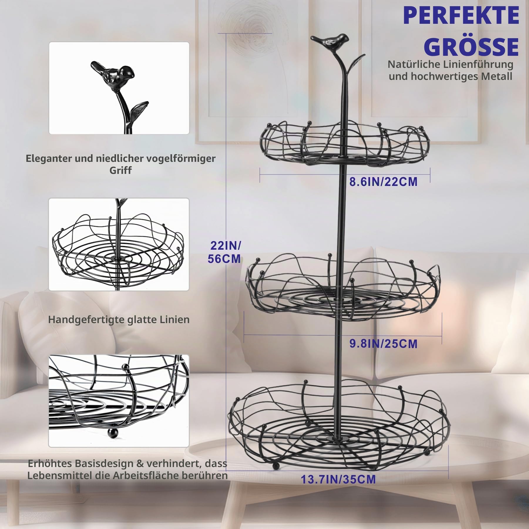 3-Tier Bird Nest Fruit Basket Stand with Cute Handle - Multi-Functional Metal Fruit and Vegetable Organizer for Kitchen Countertop, Ideal for Home Décor & Storage