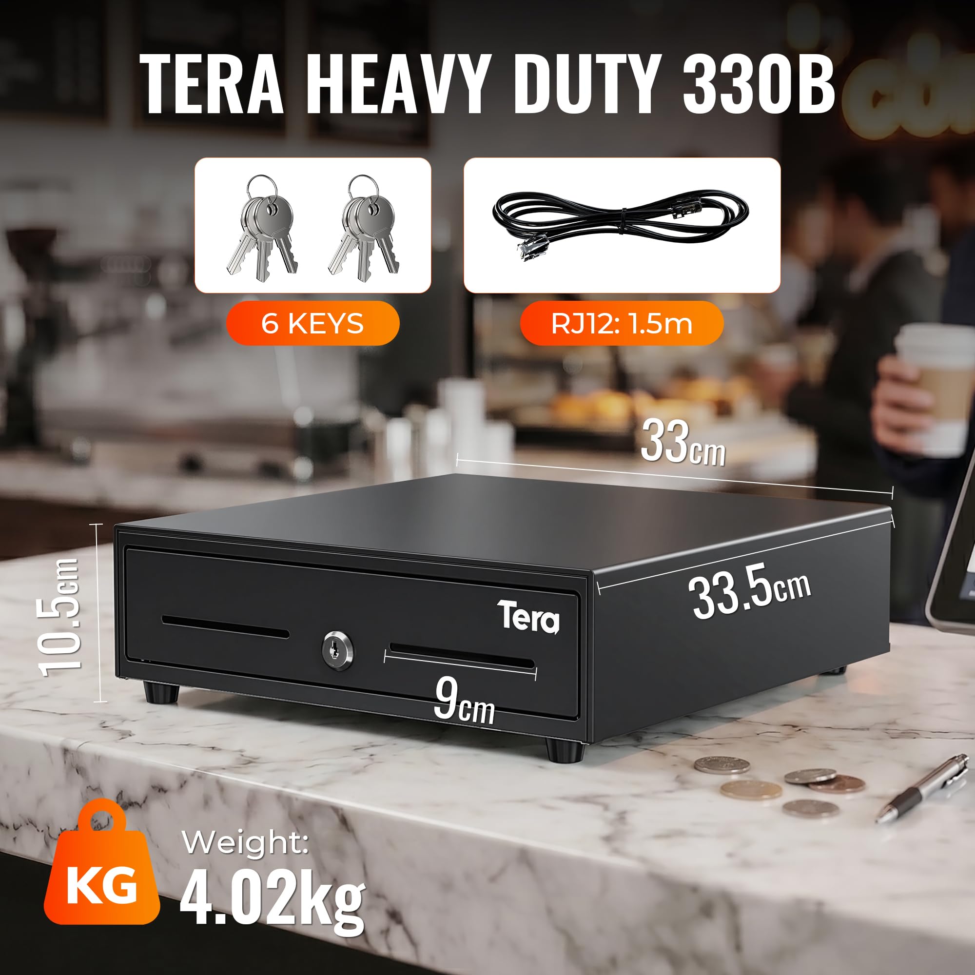 Tera Tiroir à monnaie robuste 33 cm : 3 billets 4 pièces de monnaie caisse enregistreuse 335 x 330 x 105 mm interface RJ12 12 V fente média système POS ouverture automatique manuelle avec serrure à 6