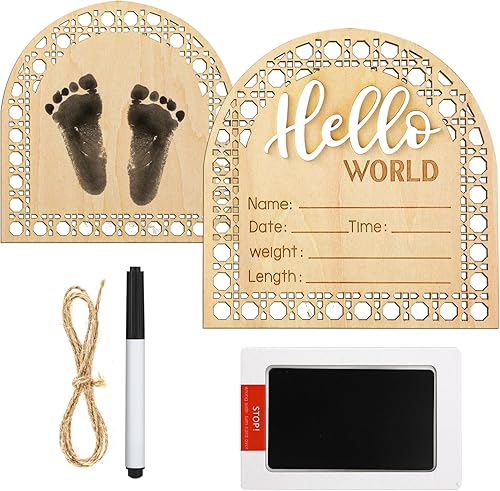 Letrero de madera con texto en inglés «Hello World» para recién nacido, de 5.9 pulgadas, con almohadilla de tinta para manos y huellas de bebé,