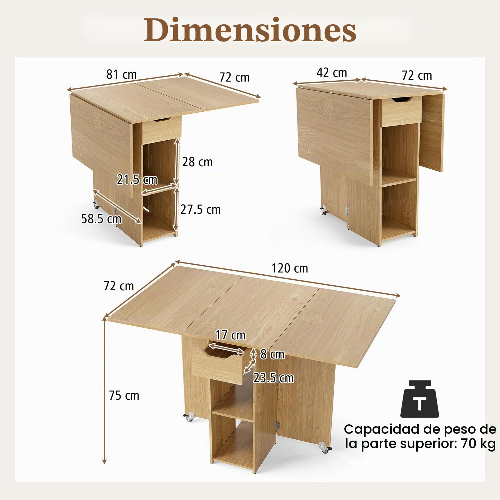 GIANTEX Mesa de Comedor Plegable, Mesa de Cocina Móvil con Alas Abatibles, 1 Cajón y 2 Estantes Abiertos, para 2-4 Personas, Ahorra Espacio, 120x72x75cm, para Comedor, Salón, Dormitorio (Natural)