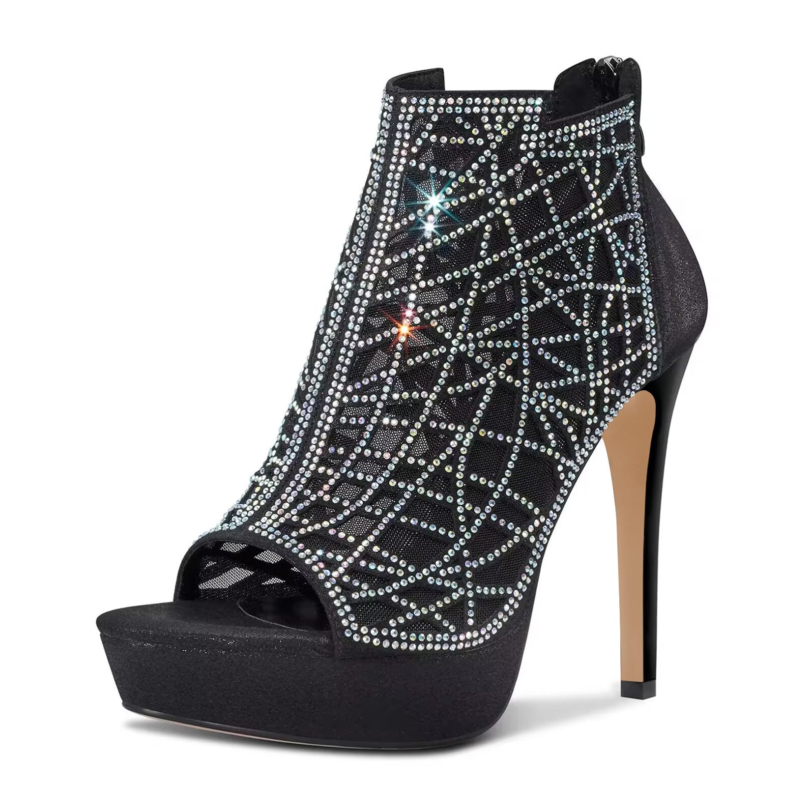 HDEUOLM Women Crystal Stiletto Platform Sandals Peep-Toe High Heels Roman Sandals With Zipper 5.1 Inch Heel