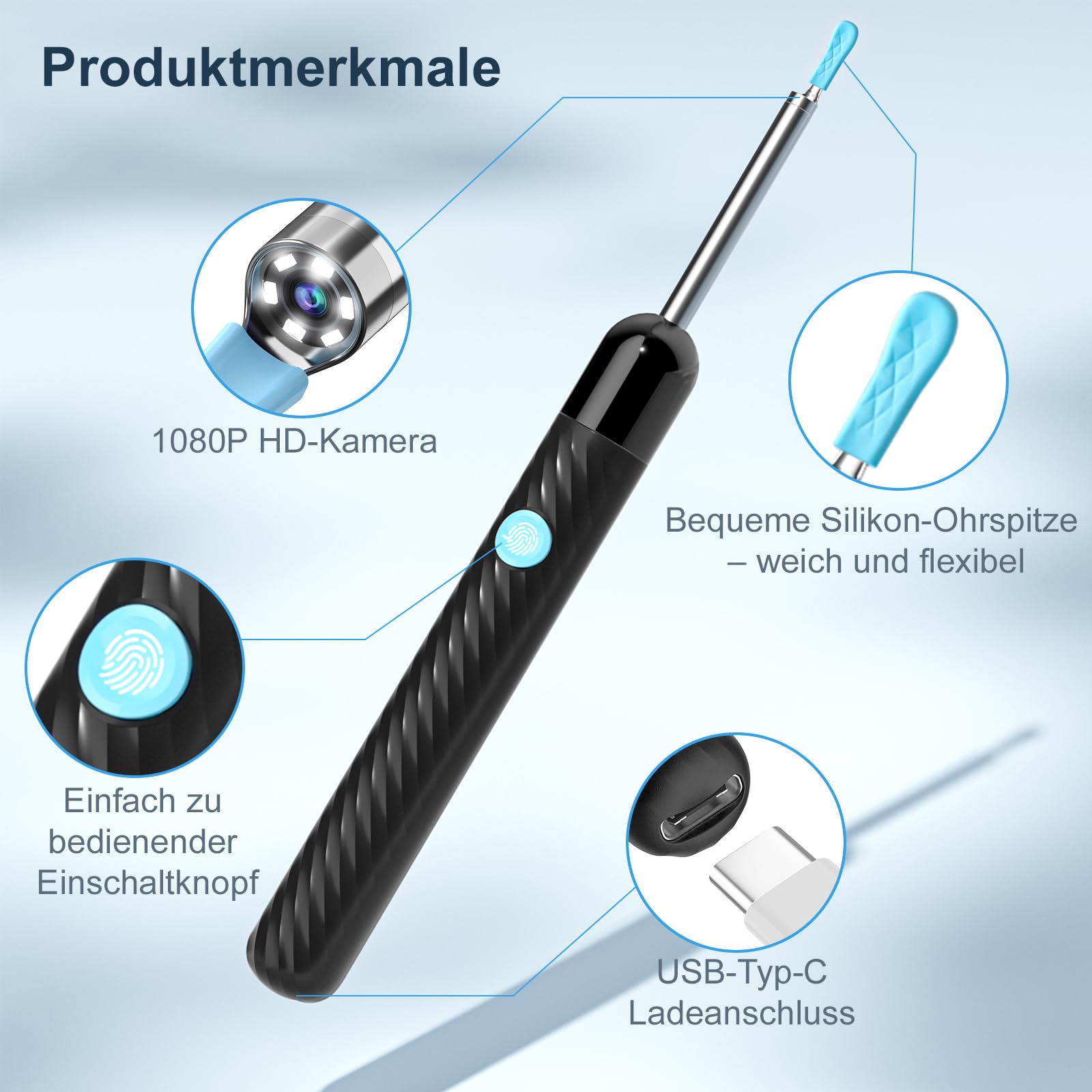 Ohrenschmalz Entferner Otoskop - 1080P HD Ohrenreiniger mit Kamera und 6 LED Lichtern - Ohrreinigungswerkzeug mit 7-teiligem Zubehörset und 11 Silikonaufsätzen - Ohrkamera für iOS & Android