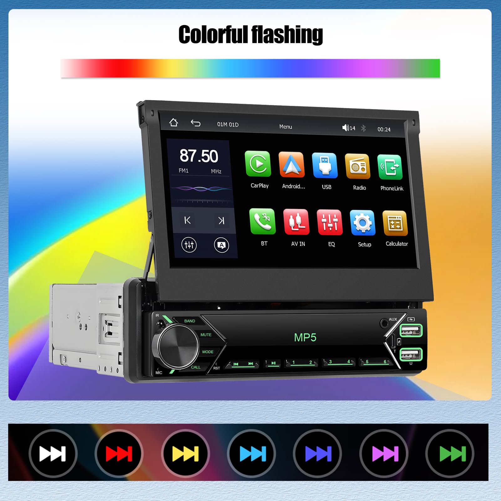 CAMECHO Autoradio 1 DIN 7 Pulgadas con Wireless Carplay, Pantalla Táctil Retráctil Manual de Radio Bluetooth con Android Auto Mirror Link FM Control del Volante USB/AUX +Cámara Trasera