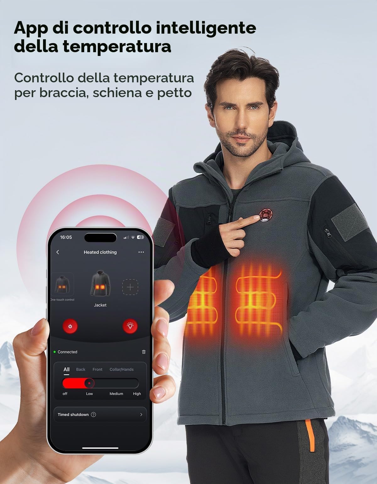 KEMIMOTO Giacca Termica Tattica Uomo con Telecomando App, 8 Zone di Riscaldamento, Giacca Riscaldata con batteria da 2 mAh