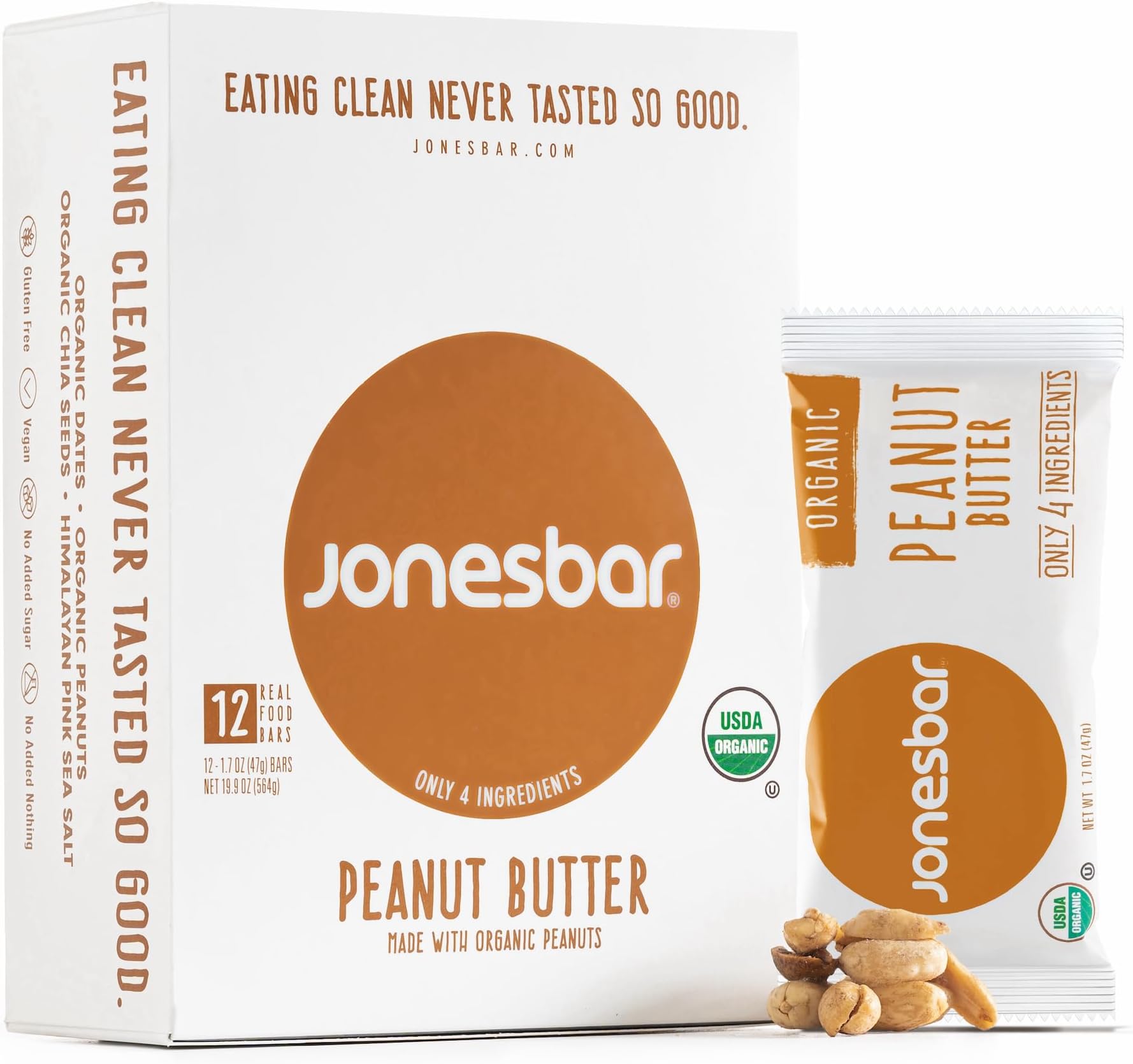 JONESBAR Organic Plant Based Protein Bars | Peanut Butter | Fruit & Nut Bar, Kosher, Gluten Free, Breakfast Bars, School Snacks, Vegan Snack & Healthy Snacks for Adults and Kids (Pack of 12)