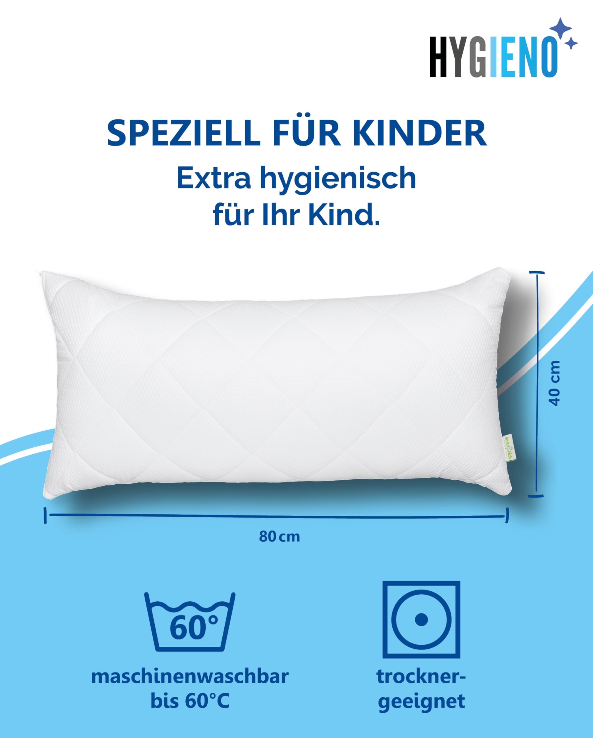 Koru Kids® Kinder Kopfkissen 40x80 cm mit Reißverschluss - anpassbare Füllung 600g - Kinderkopfkissen für Allergiker - waschbar 60°C & trocknergeeignet - Kissen Kinder