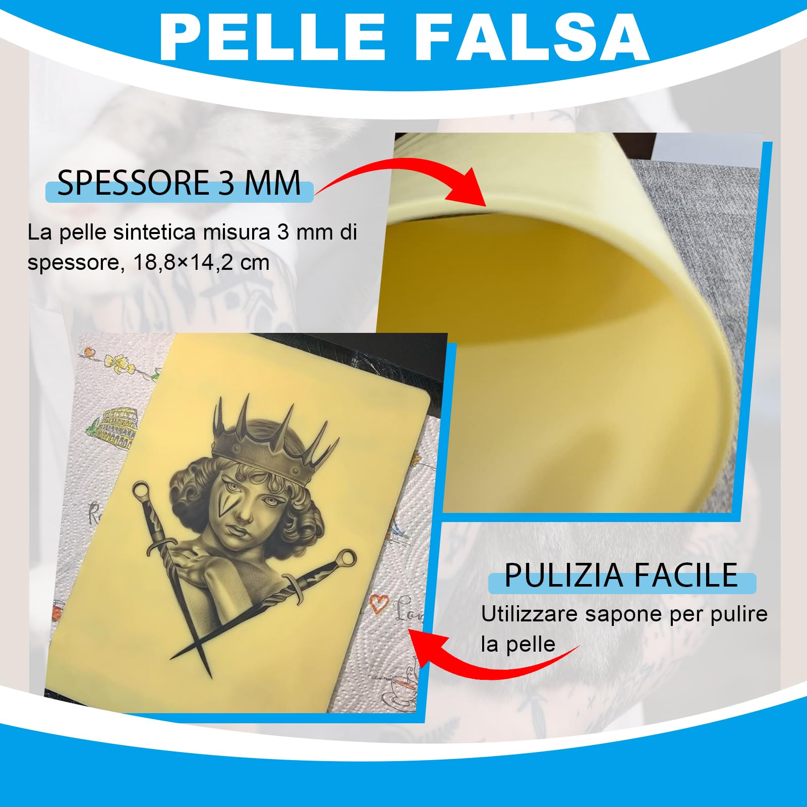 EMALLA Pelle Sintetica Tatuaggi 3mm 5 pezzi A4 Silicone Tatuaggio Pelle Finta 30cm x 20cm Tattoo Skin per Principianti e Artisti