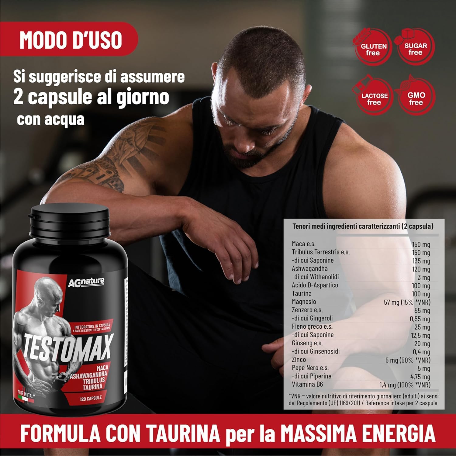 AG nature Testosterone Uomo Aumento Massa Muscolare x Palestra 120 Capsule | Integratore Forte Energizzante con Maca Peruviana, Magnesio, Zinco e Vitamina B6