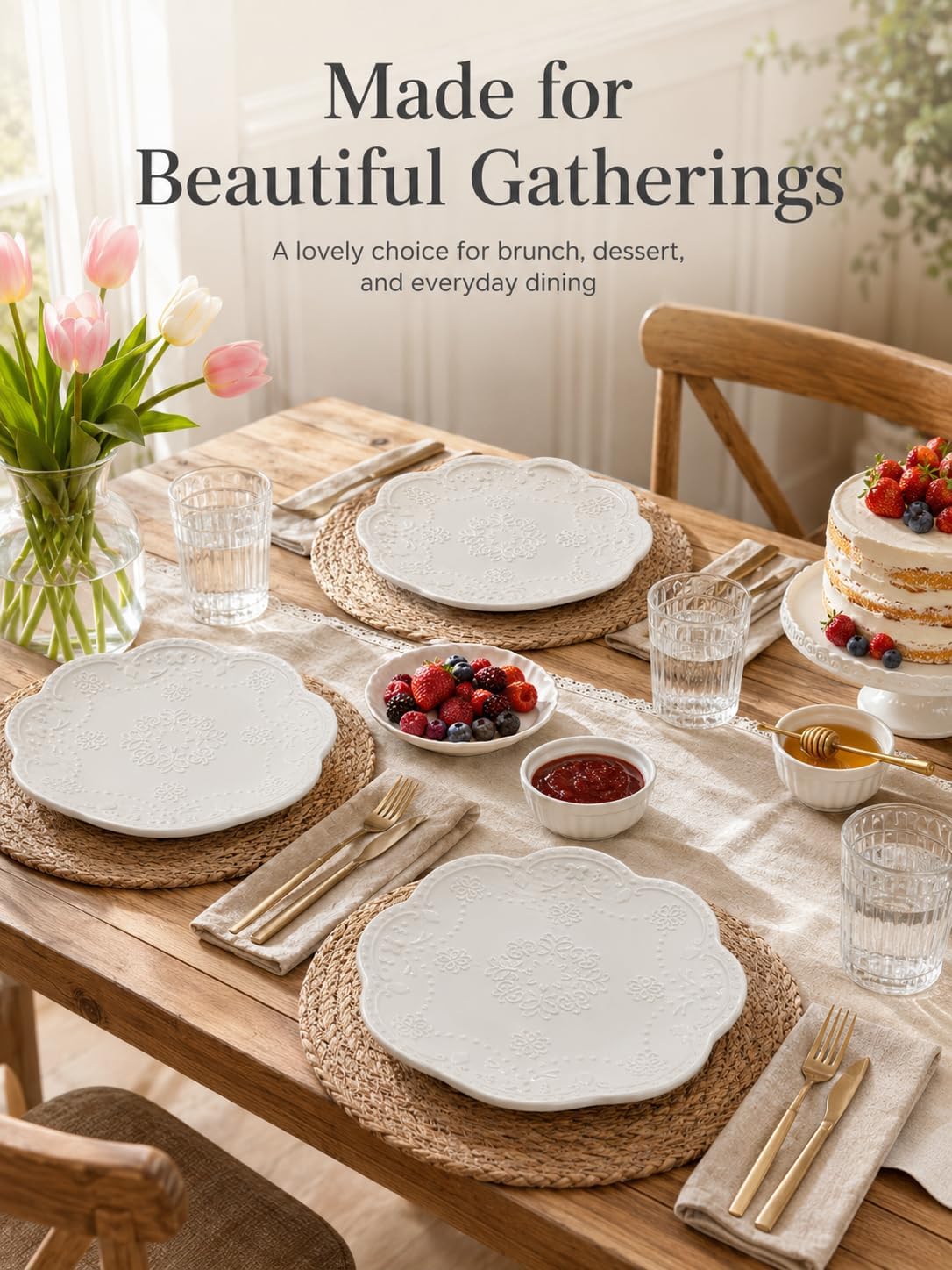 8 Inch Ceramic Salad Plates Set of 4, White Embossed Floral Butterfly Appetizer Plates with Scalloped Edge, Dessert Plates for Salad, Breakfast, Snacks, Microwave Oven Dishwasher Safe