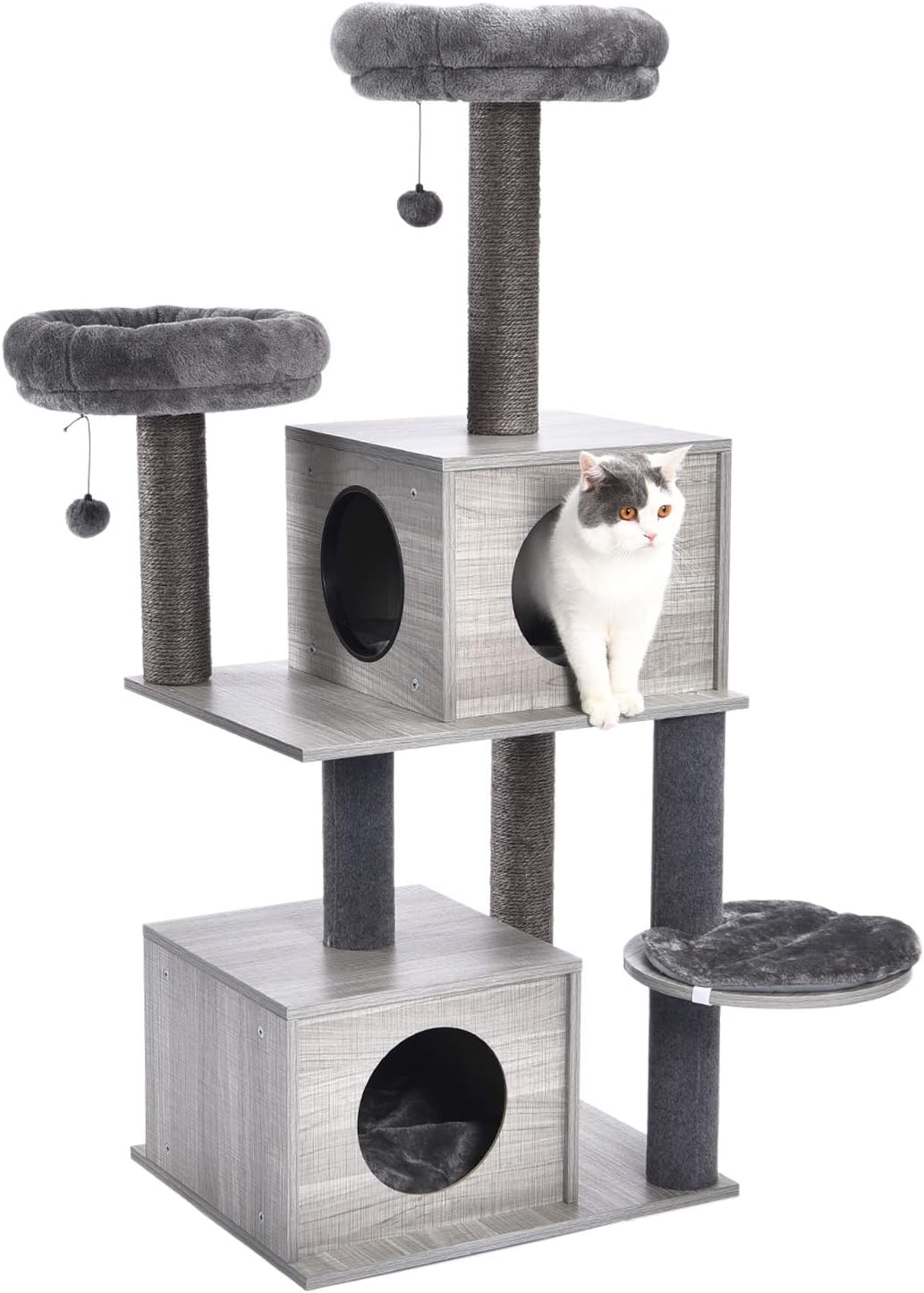 PAWZ RoadMedium Cat Tree Activity Center stable and sturdy with multi platforms, Cat Play Tower wooden cat tree with sisal-covered cat scratching posts Grey 59 * 48 * 141cm