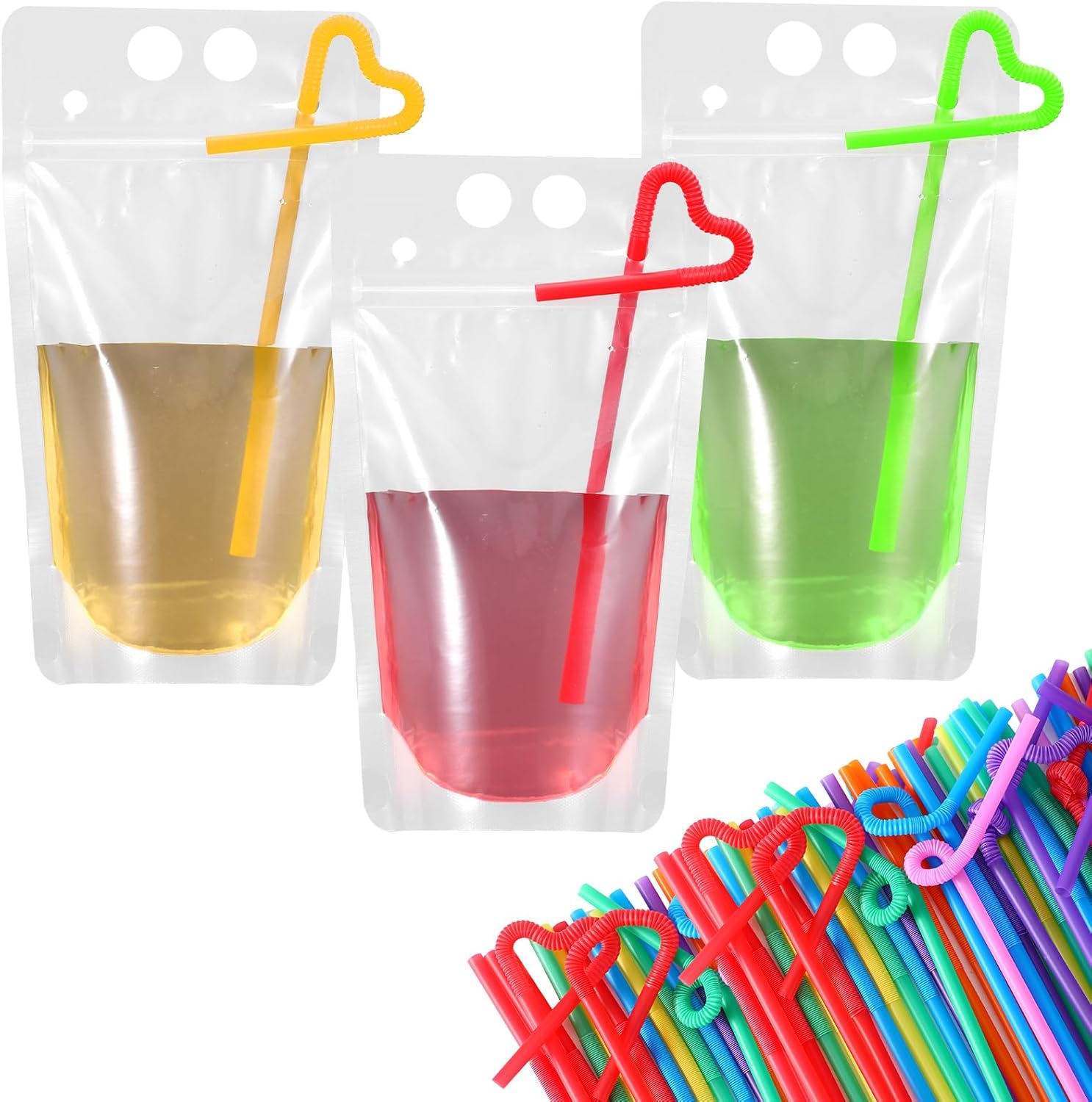 200 Pcs Clear Drink Pouches with Straws for Resealable Zipper Stand up Juice Plastic Liquor Smoothies Container for Cold Hot Drink (16 oz)