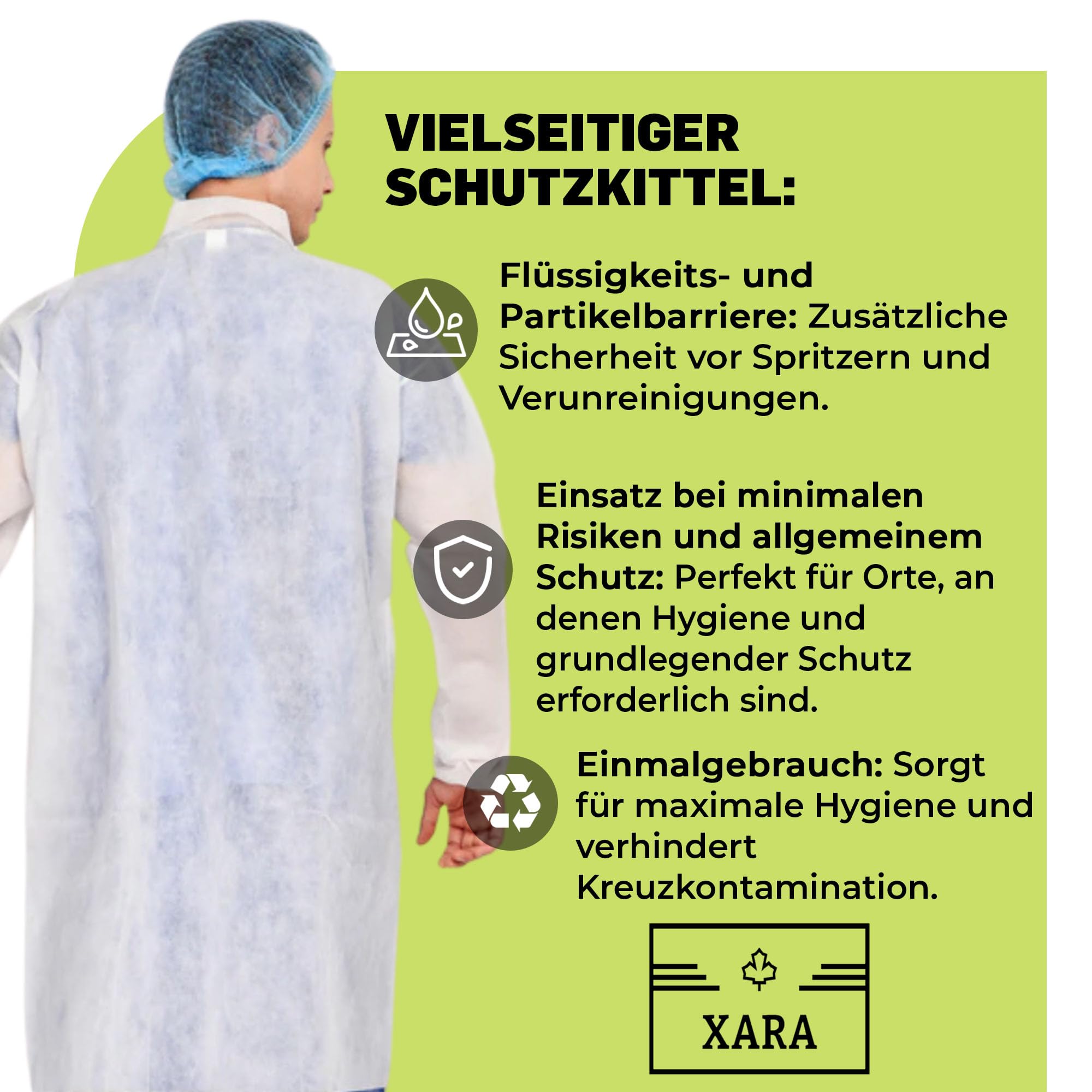 XARA Schutzkittel Einweg - Einweg-Schutzkittel – Einwegkittel – Einheitsgröße - Größe XL -112 x 138cm - TNT Polypropylen 35 gr - Einwegkittel mit Kontaktverschluss - Atmungsaktiv - 10 Stück
