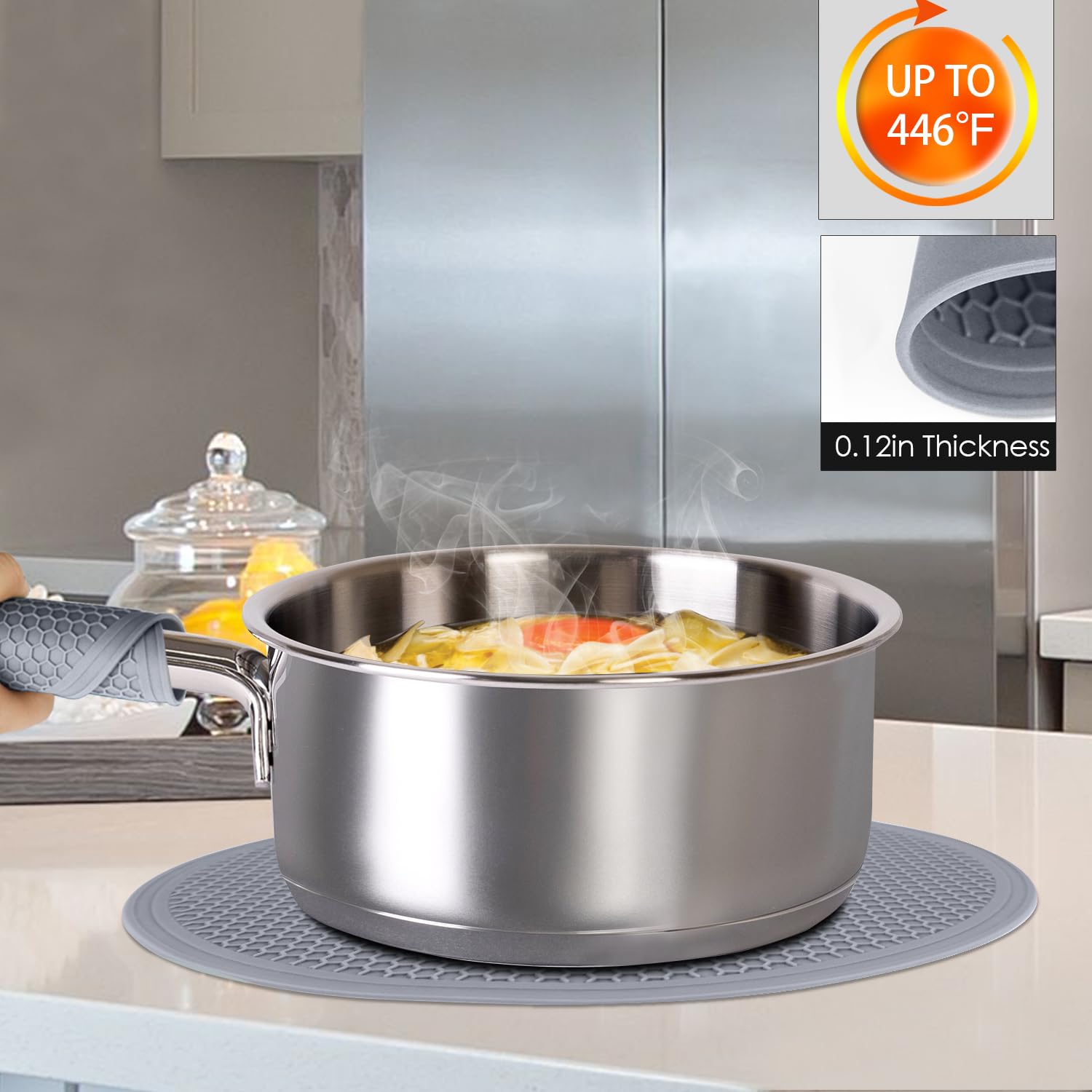 Almohadilla multiusos de silicona de 12 pulgadas, tapete de secado o salvamanteles para sartenes calientes, platos, resistente al calor, gris claro, paquete de 4