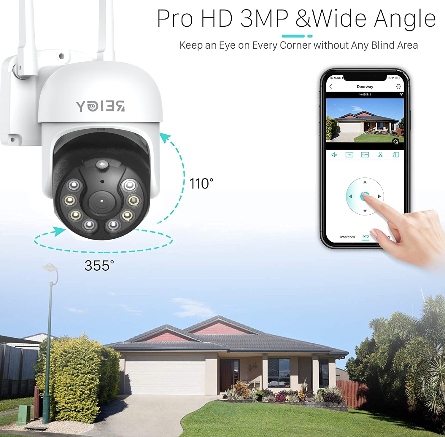 3MP zewnętrzna kamera nadzorująca WiFi 360°, REIGY 1296P IP bezprzewodowa kamera bezpieczeństwa z wykrywaniem ruchu noktowizyjnego w kolorze dwukierunkowym audio, wodoodporna IP66 Wewnątrz
