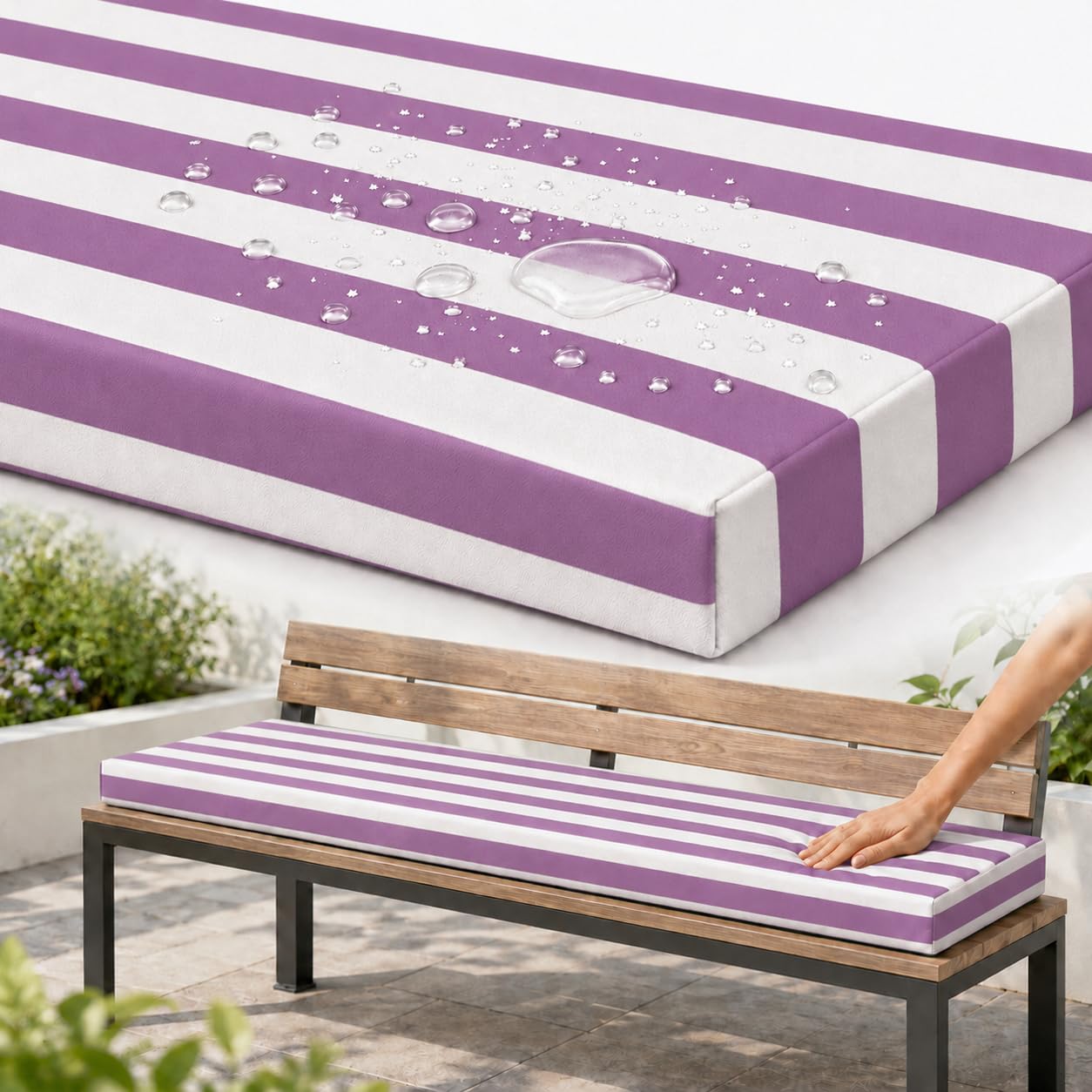 AZMAHT Bench Cushion Outdoor, Garden Bench Cushion with Waterproof Polyester Cover, 50D Foam, Non-Slip Base, 2 Ties, Removable Zip Cover for Patio, Bay Window, Garden Swing,Purple Stripes,150x35x5cm