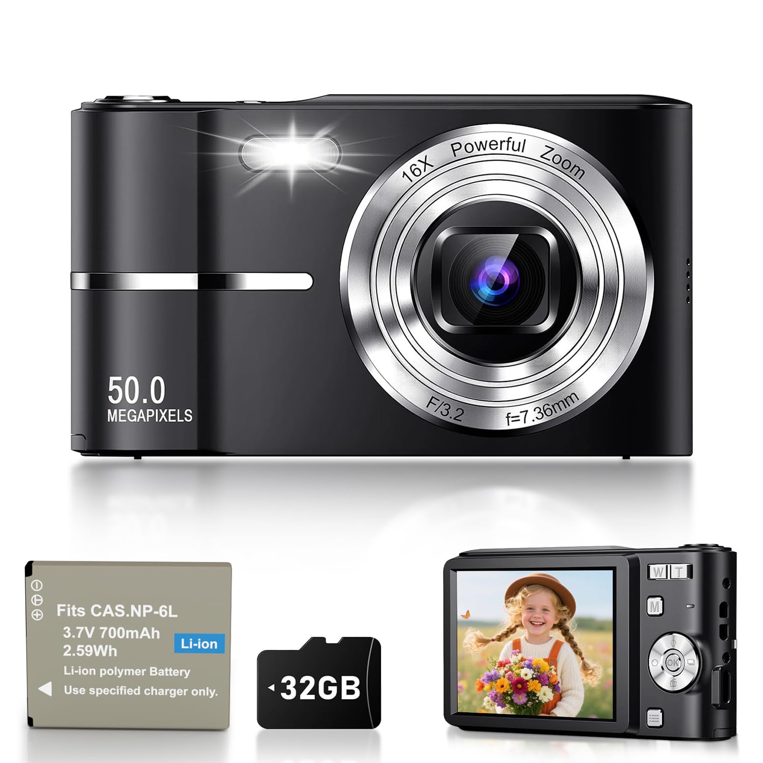 Fotocamera digitale 1080P per fotografia, messa a fuoco automatica, 50 MP, fotocamera vlogging con anti-shake, zoom compatto 16X e punto di scatto, fotocamera digitale per adolescenti, adulti