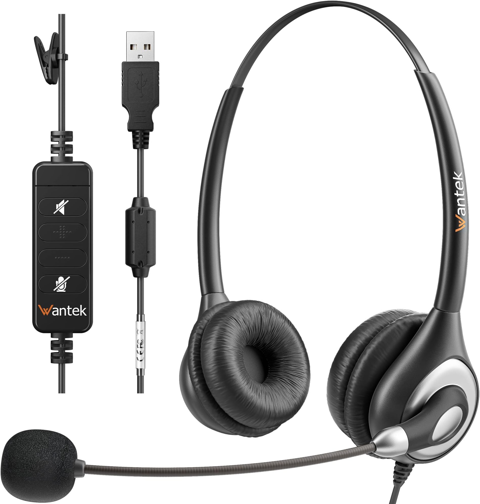 Wantek Corded USB Headset with Microphone Noise Cancelling & inline Controls, Computer