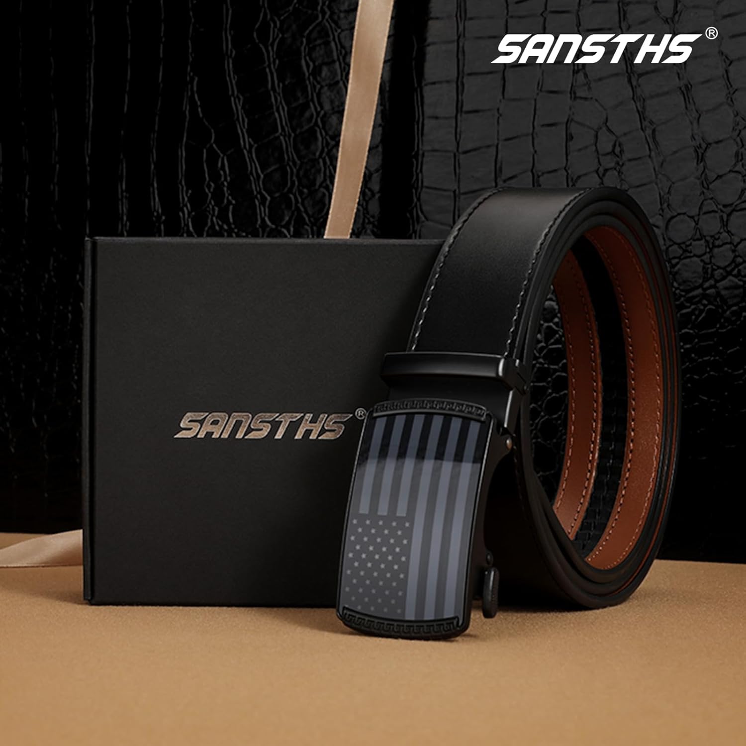 SANSTHS Golf Ratchet Belt for Men, Mens Belt Casual 1 1/3" Flag Pattern Auto Slide Buckle for Jeans - Image 4