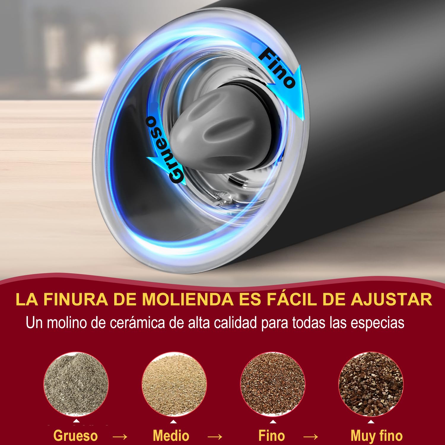 Molinillo Pimienta, Hotec Molinillos Eléctricos de Pimienta y Sal, 9 oz de Alta Capacidad, Funciona con Pilas AAA con Sensor de Gravedad, 6 Niveles de Molienda e Indicador LED,Juego de 2