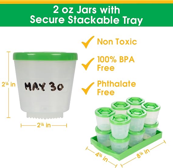 Baby Food Containers: Reusable Stackable Freezer Safe Storage Cups w/ Tray & Dry-erase Marker (Set of 12 - 2oz) BPA & PVC Free