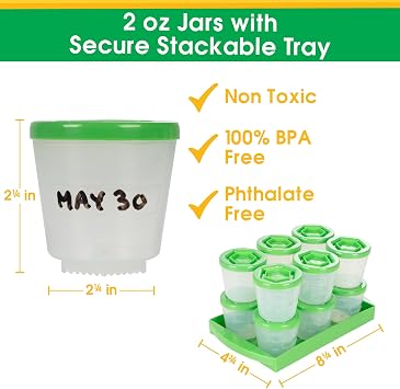 Baby Food Containers: Reusable Stackable Freezer Safe Storage Cups w/ Tray & Dry-erase Marker (Set of 12 - 2oz) BPA & PVC Free