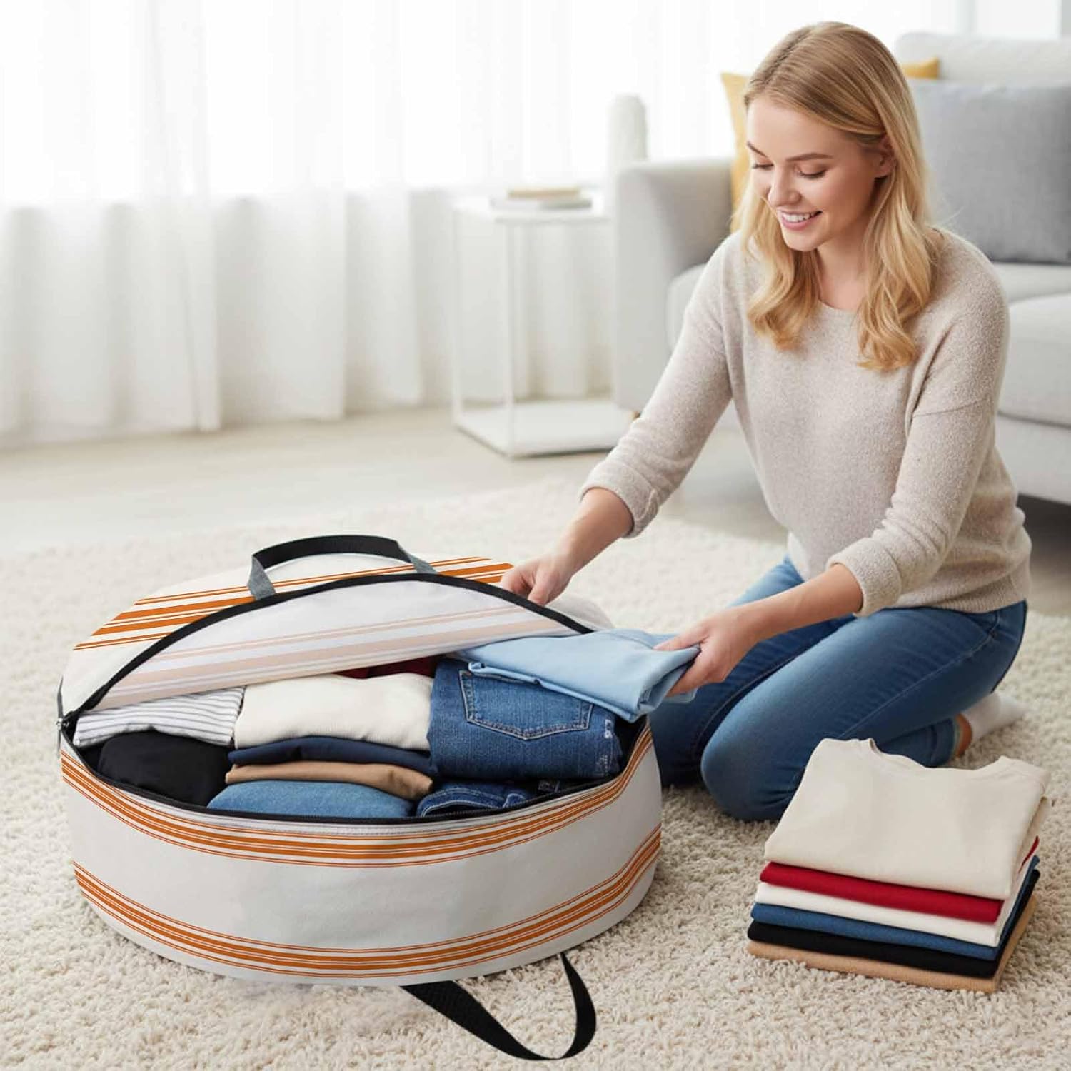 Farmhouse Orange Round Storage Bag 36 Inch, Stripe Clothes Storage Container with Handles Heavy Duty Organizer for Comforter, Bedding & Holiday Wreaths
