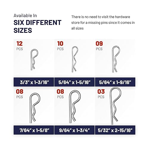 Miniatura 8 de Pasadores de chaveta de 250 piezas, acero de aleación resistente y duradero, kit surtido de pasadores de chaveta en forma de R en 6 tamaños