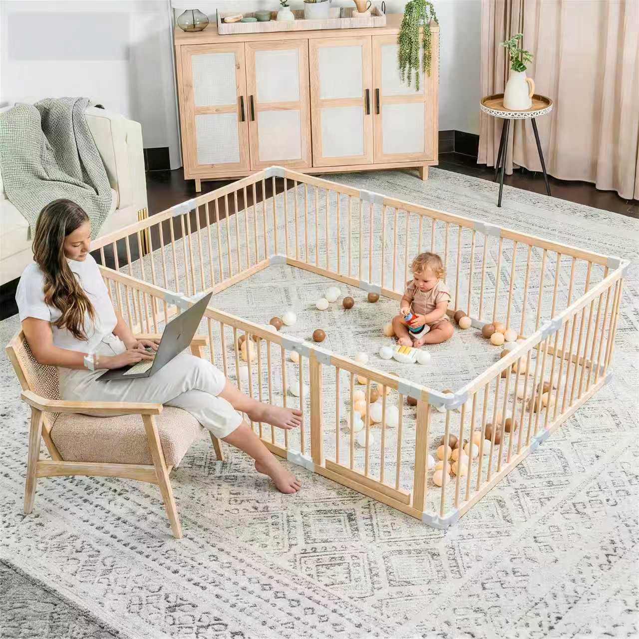 Laufstall Baby, Laufgitter Baby aus Holz, faltbar mit Tür & Sicherheitsverschluss, individuell formbarer Krabbelgitter Absperrgitter für Babys & Kleinkinder(214 * 141 * 61cm)
