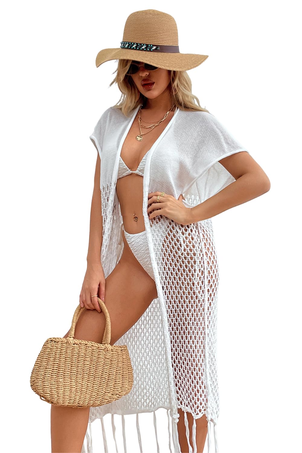 JFAN Vestido de Playa Mujer Cárdigan Largo Kimono Bikini Cover Ups Ropa de Playa Hueca Ganchillo Vestido Punto Sin Manga Baño Traje Cover Up