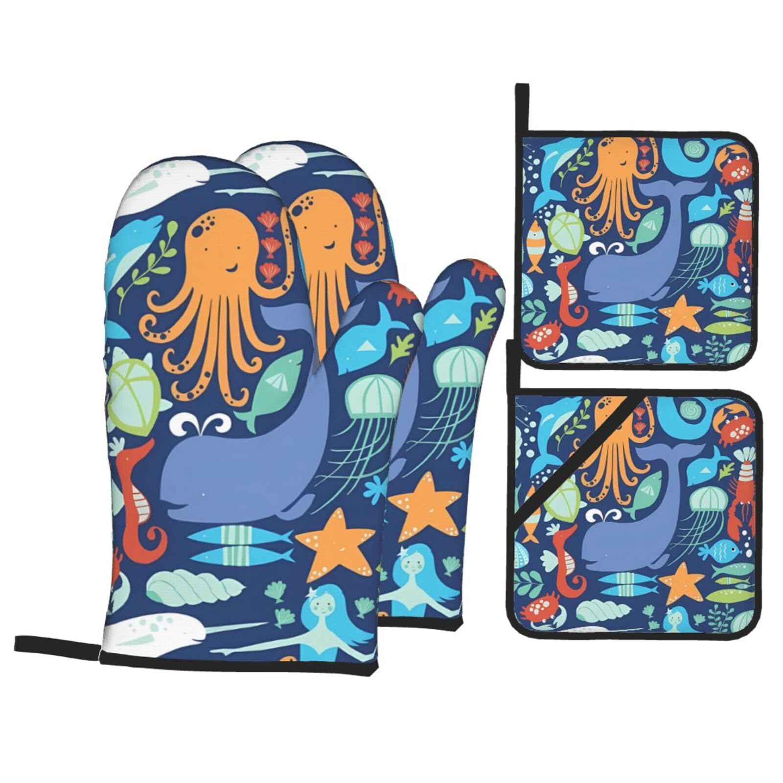 WHJSHOP Ocean whale fish octopus Prints Oven Mitts & Pot Holders Set - Waterproof Kitchen Layers & Heat Resistant - Durable Covers for Safe Cooking & Easy Cleanup