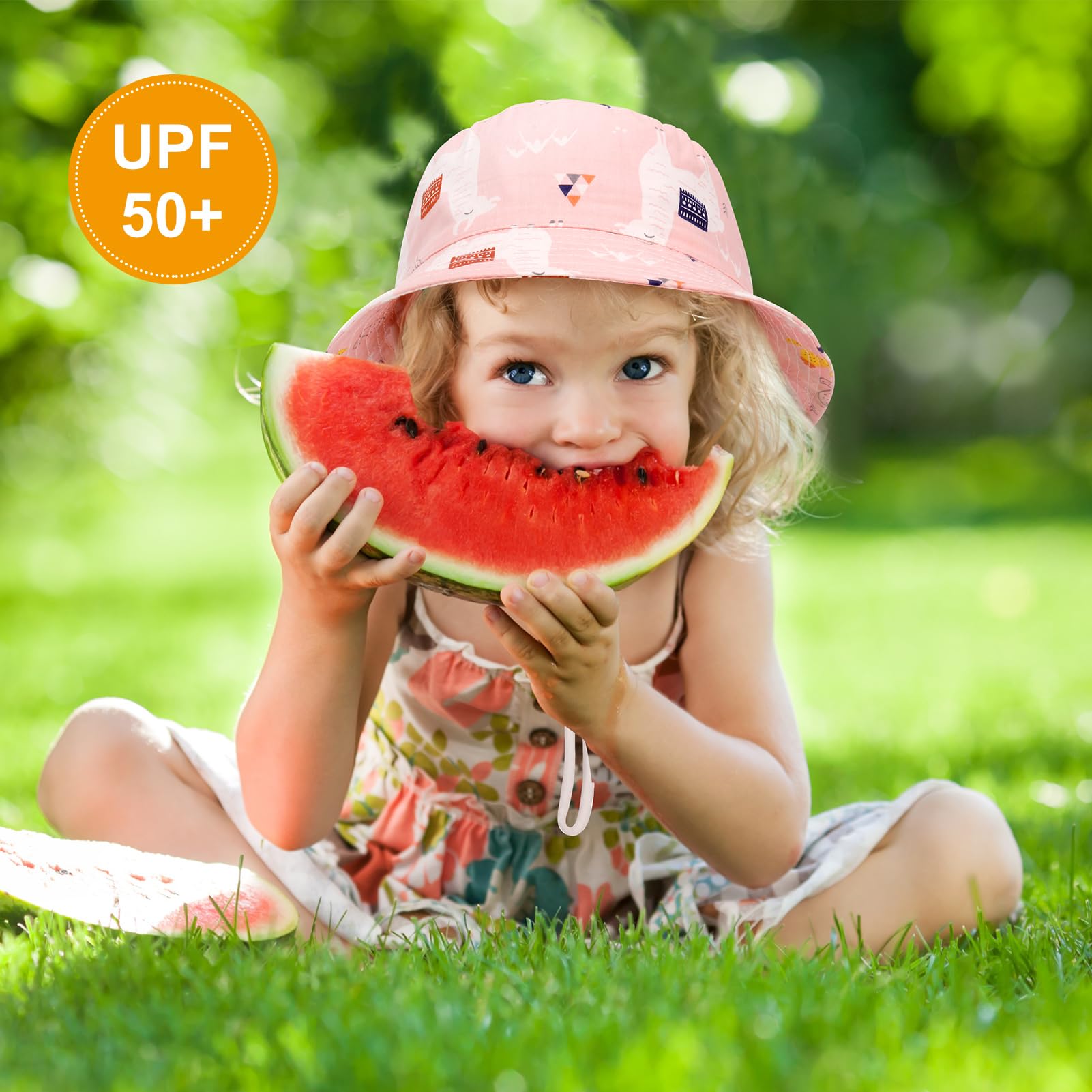 2 Pieces Toddler Sun Hat Kids Bucket Sun Hat Baby Cute Print Summer Hat with Adjustable Head Drawstring and Chin Strap Outdoor Kids Summer Protection Bucket Hats — view 6