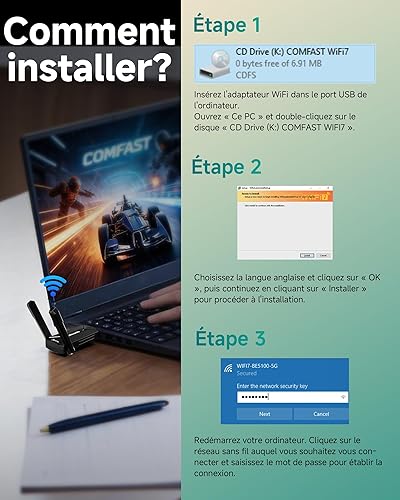 COMFAST BE6500 Clé WiFi 7 Puissante, Tri-Bande 6GHz / 5GHz / 2.4GHz Adaptateur USB WiFi Longue Portée, Clé WiFi pour PC USB 3.0 Dongle WiFi, Compatible avec Windows 11/10, MLO, WPA3 - 8