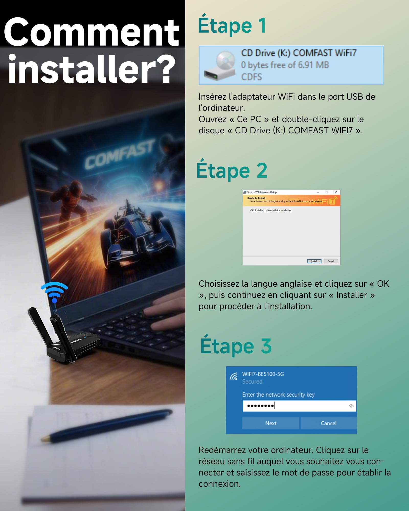 COMFAST BE6500 Clé WiFi 7 Tri-Bande 6GHz/5GHz/2.4GHz Adaptateur USB WiFi Longue Portée USB 3.0 Dongle WiFi Compatible Windows 11/10 MLO WPA3