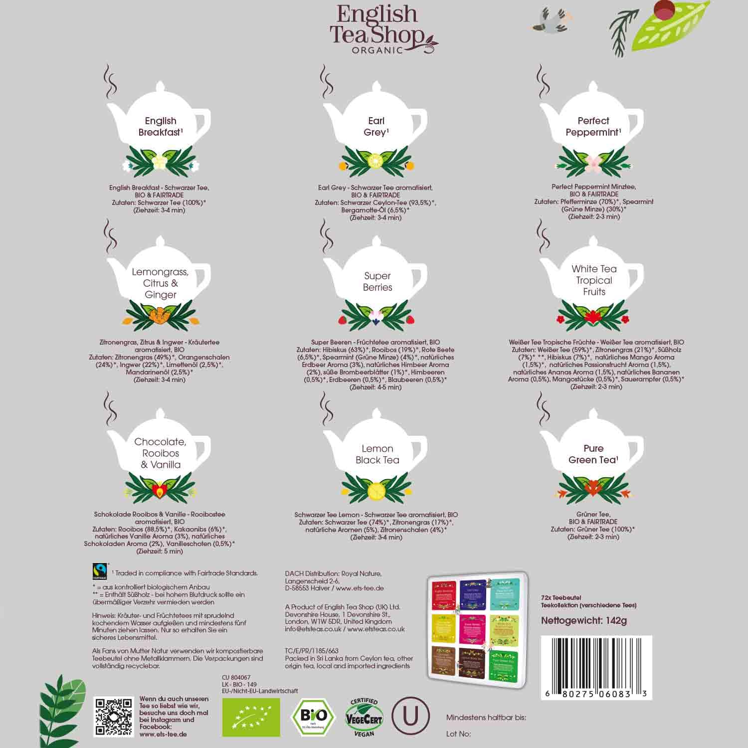ETS - Tee-Kollektion "Luxury Tea Collection" in edler Metalldose, Tee Geschenk zu Weihnachten, Ostern, Geburtstag, BIO, 72 Teebeutel