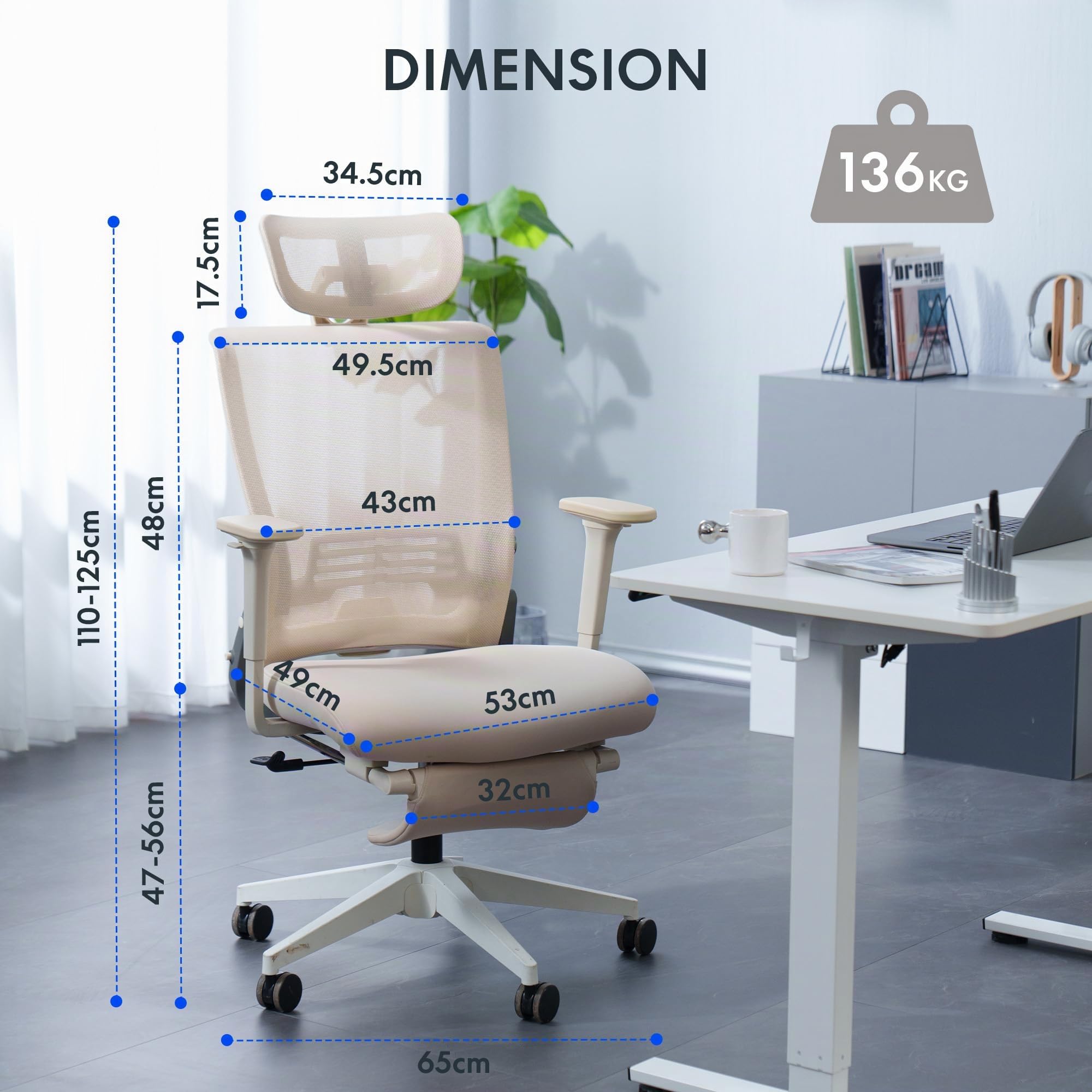FLEXISPOT Foldex Chaise Bureau Pliante, Chaise Ergonomique avec Support Lombaire, Accoudoirs Réglables en Hauteur, Appui-Tête 2D, Chaises de Bureau avec Repose-Pieds, Beige