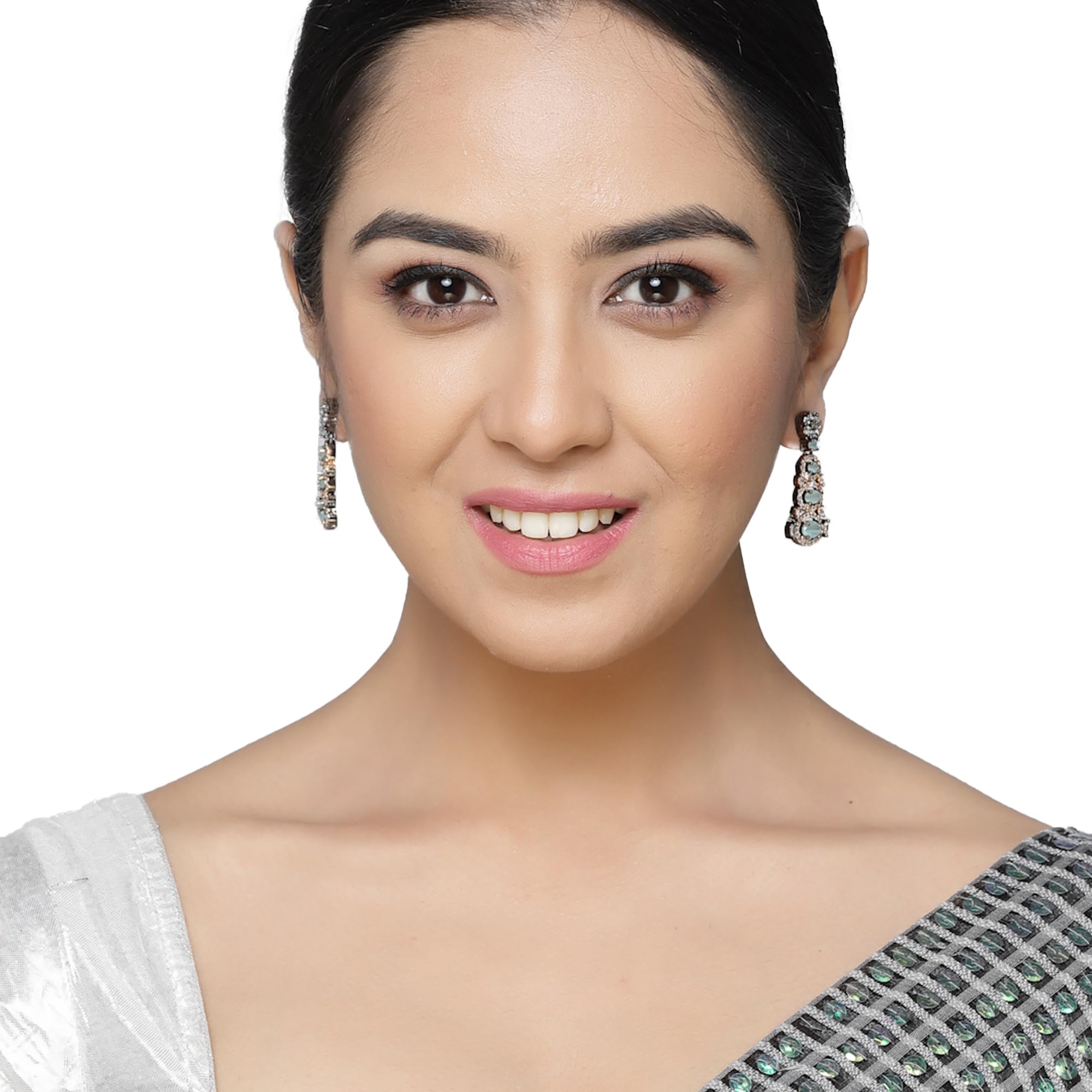 Rhodium-Plated American Diamond Studded Drop Earrings