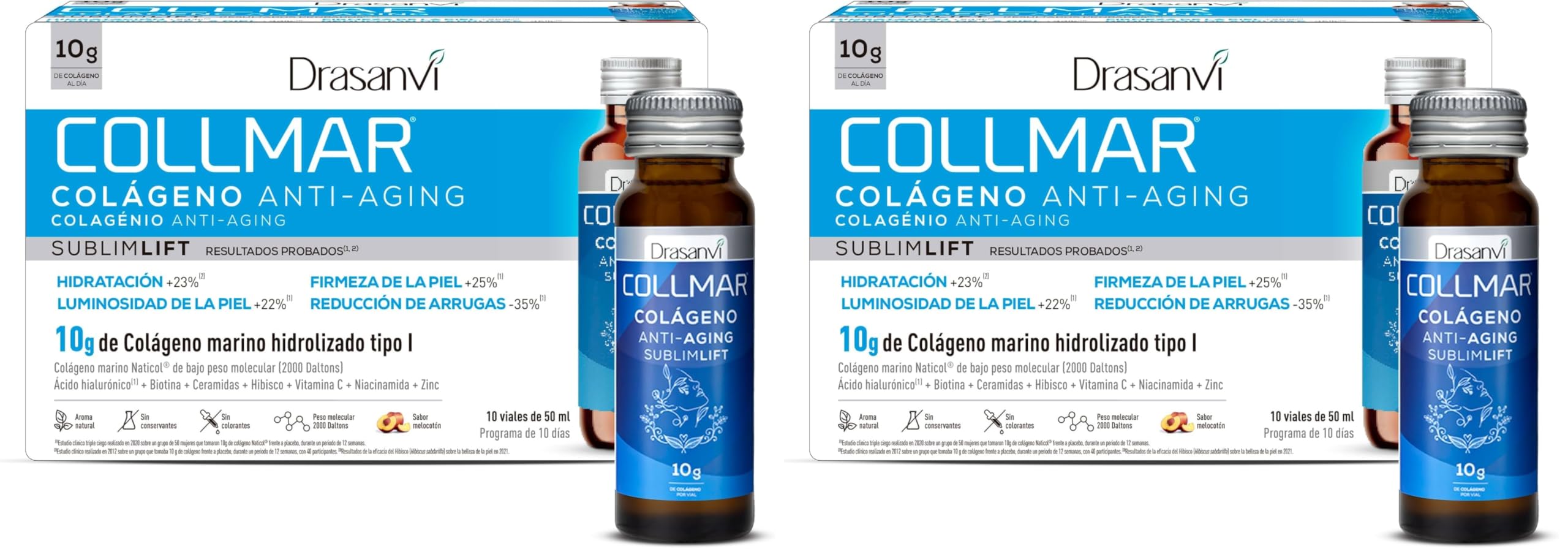 COLÁGENO MARINO SUBLIMLIFT SHOTS | 10g Colágeno Marino Hidrolizado Tipo I + Ácido Hialurónico + 11 Activos | Antiarrugas, Firmeza, Hidratación y Luminosidad | 10 Shots 50ml Melocotón | Drasanvi