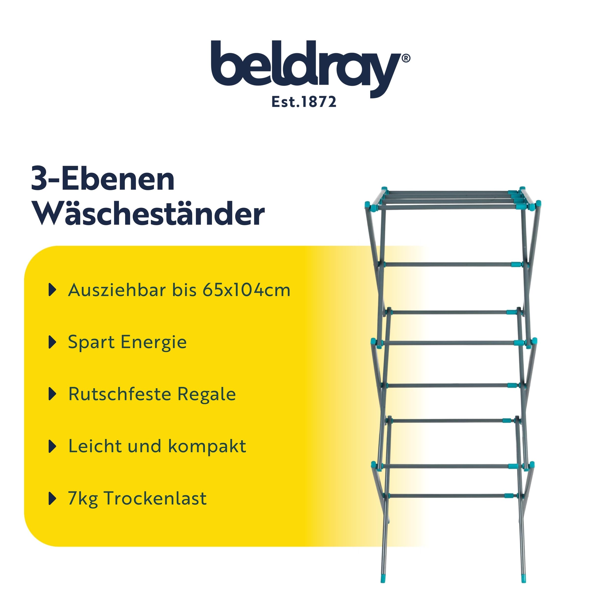 Beldray Wäscheständer Ausziehbar, Wäscheständer Platzsparend mit 3 Ebenen, 7m Trockenlänge & 7kg Belastung, Wäscheständer Klein Zusammenklappbar, 65 x 104cm, Rutschfeste Füße