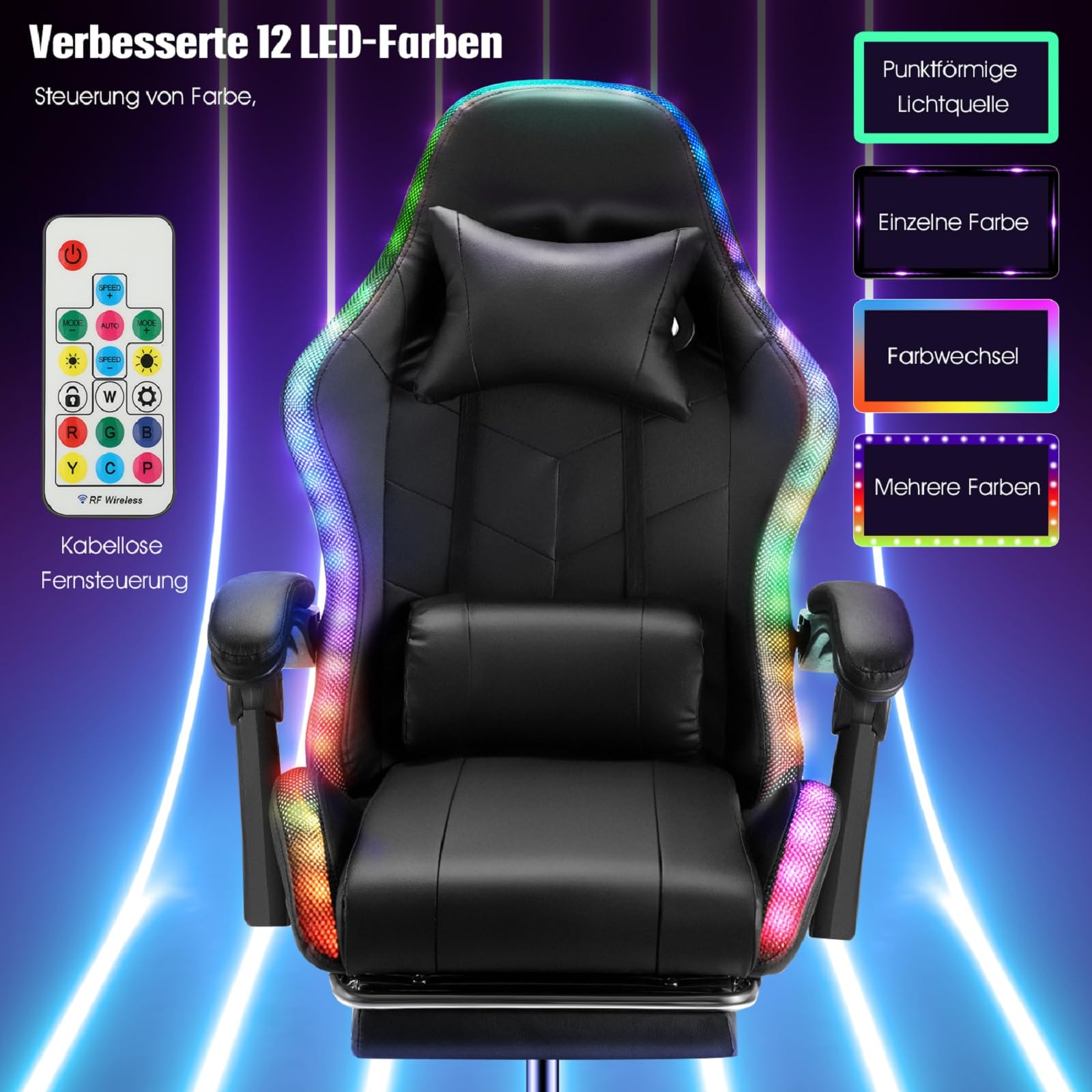 Ergonomischer Gaming Stuhl mit Lautsprechern & LED-Beleuchtung, Verstellbarer PC Stuhl mit Fußstütze, Kopfstütze & Armlehnen, PU-Leder Schreibtischstuhl für Büro & Zuhause, Schwarz