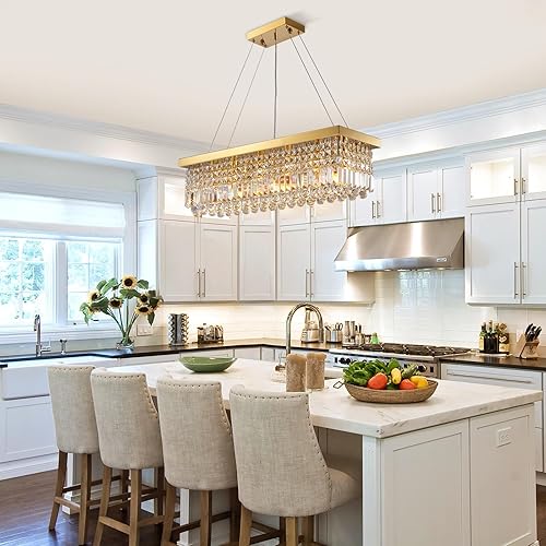 Miniatura 3 de Siljoy Candelabro rectangular de cristal de 6 luces con forma de gota de lluvia de cristal dorado K9 para comedor, lámpara colgante de techo