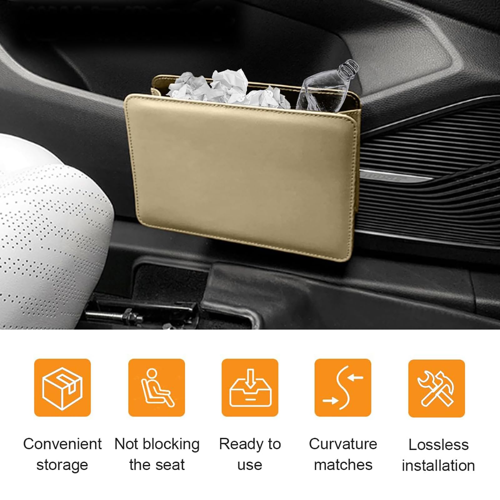 2 pcs Poubelle de Voiture pour Nissan Livina Navara March, Pliable Mini Poubelle en Cuir PU Boîte de Rangement Portable Suspendre Poubelle Intérieur Accessoires, B/Beige