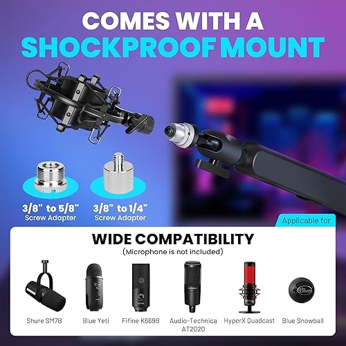 Miniatura 5 de CAHAYA Brazo de brazo para micrófono, brazo de micrófono ajustable de perfil bajo con poste de extensión de 3.5 pulgadas, adaptador de tornillo de