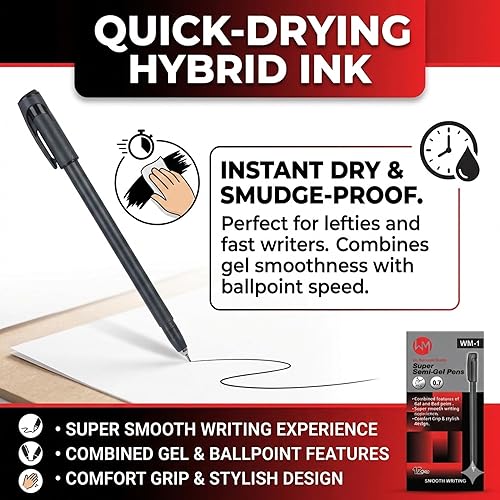 Miniatura 3 de WM Super Semi-Gel Bolígrafos 0.7, Tinta Híbrida de Alto Rendimiento con Secado Rápido, Bolígrafos de Escritura Suave de Punta Fina Negro, Paquete de