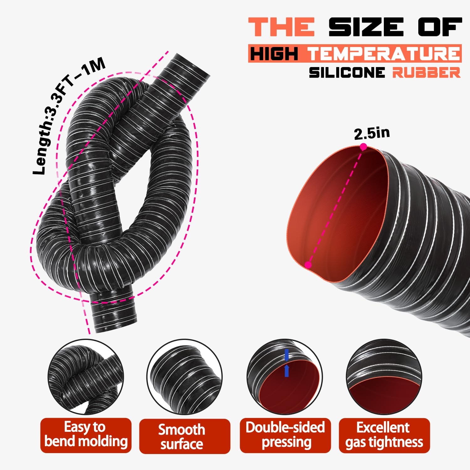 2 12 in Intake Hose Automotive Air Duct Hose Length 1 Meter 3.3 Feet Double-layer Silicone Flexible Brake Cooling Ducting Induction vacuum hose for Air System Black product thumbnail 4