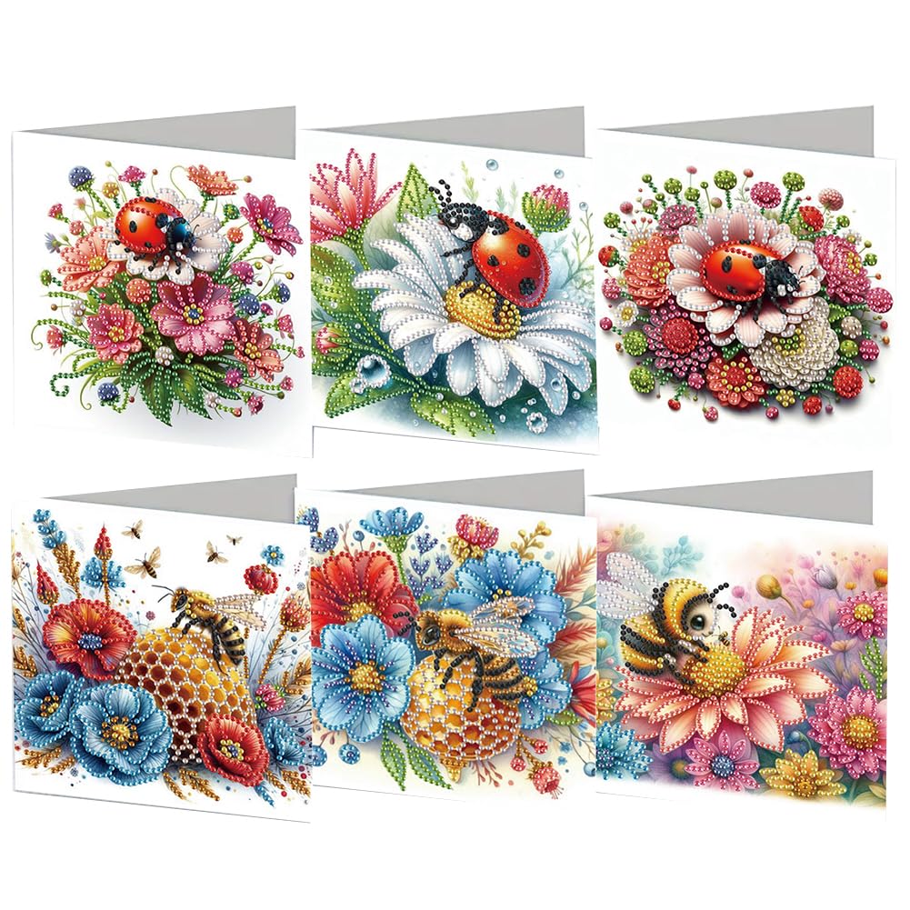 6 Pcs 5D DIY Diamond Painting Greeting Cards with Envelopes, Round Drill Crystal Craft Cards, Handmade Gift Rhinestone Painting Card for Birthday Christmas Family Friend-Ladybug Bee-20