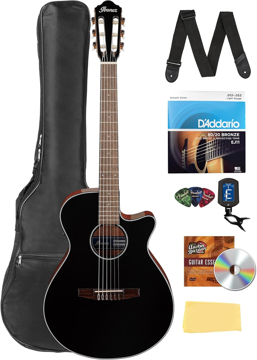 Ibanez AEG50N AEG Nylon String Acoustic-Electric Guitar - Black High Gloss Top Bundle with Gig Bag, Tuner, Strap, D'Addario Strings, Picks, Austin Bazaar Instructional DVD, and Polishing Cloth