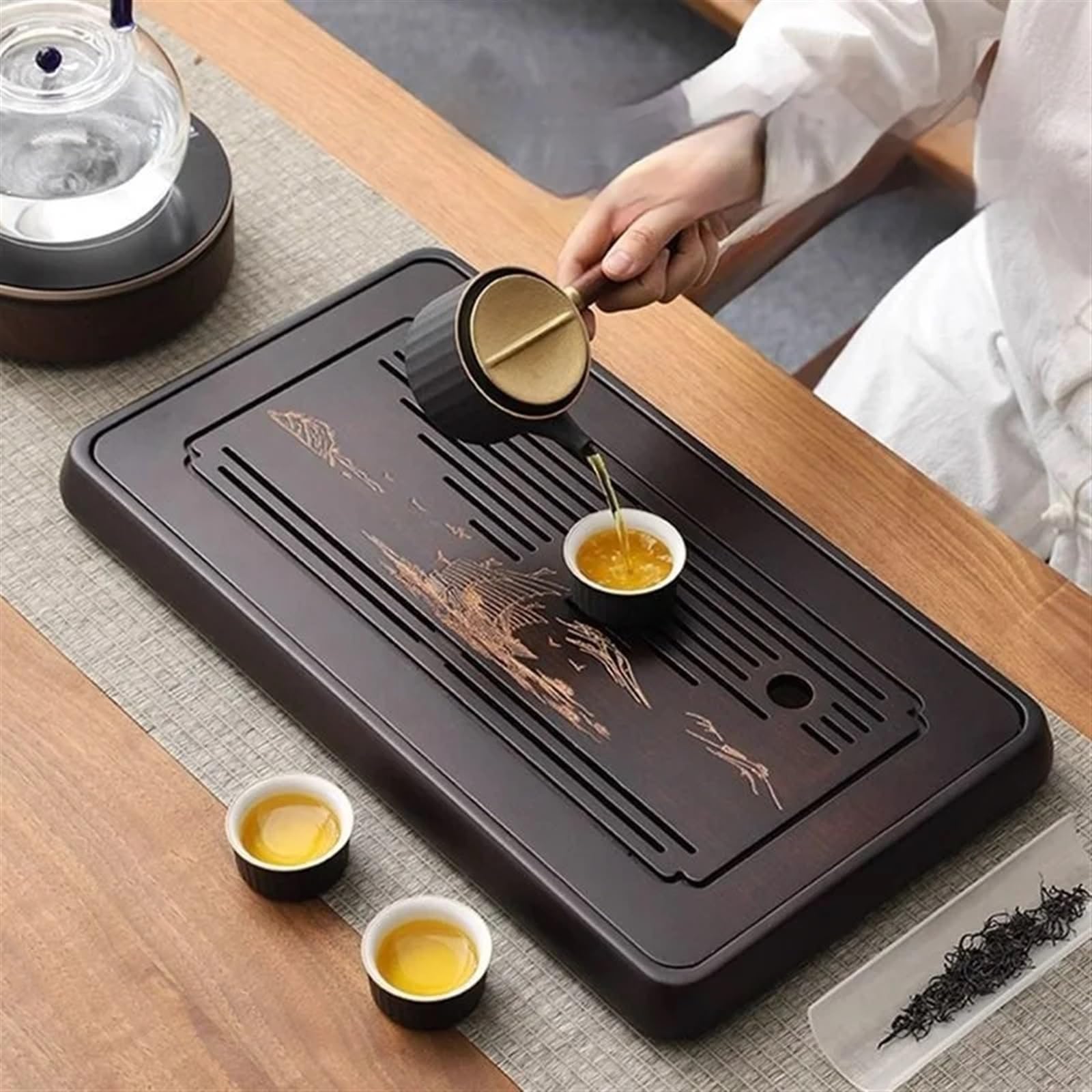 Bandeja Bandeja de té de Madera for Ceremonia del té, Bandeja de Mesa de té, decoración de Mesa de té, Bandeja de Almacenamiento, Juego de té y café(38x24x4cm)
