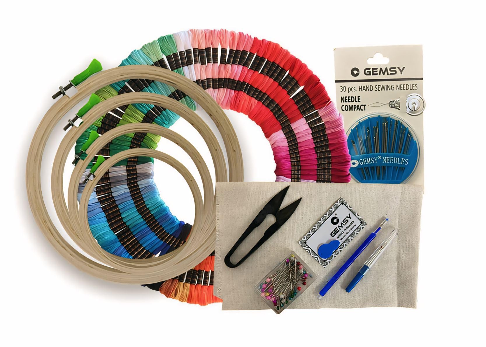 Gemsy Ultimate Embroidery Kit for Beginners – 50 Colourful Threads, 4 Bamboo Hoops, 2 Aida Cloths & Essential Tools and Materials (Thread Cutter, Seam Ripper, Needle Threader, Needle Compact, Heat Erasable Pen, Sewing Pins) – Complete DIY Kit Craft Supplies for Adults & Kids
