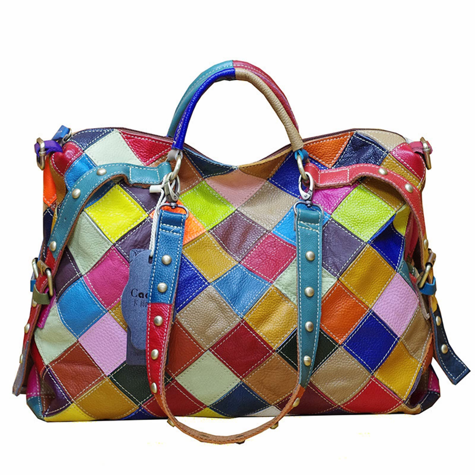 Women's Multicolor Tote Handbag Abstract Design Handbag Genuine Leather Hobo Shoulder Purse, Colors