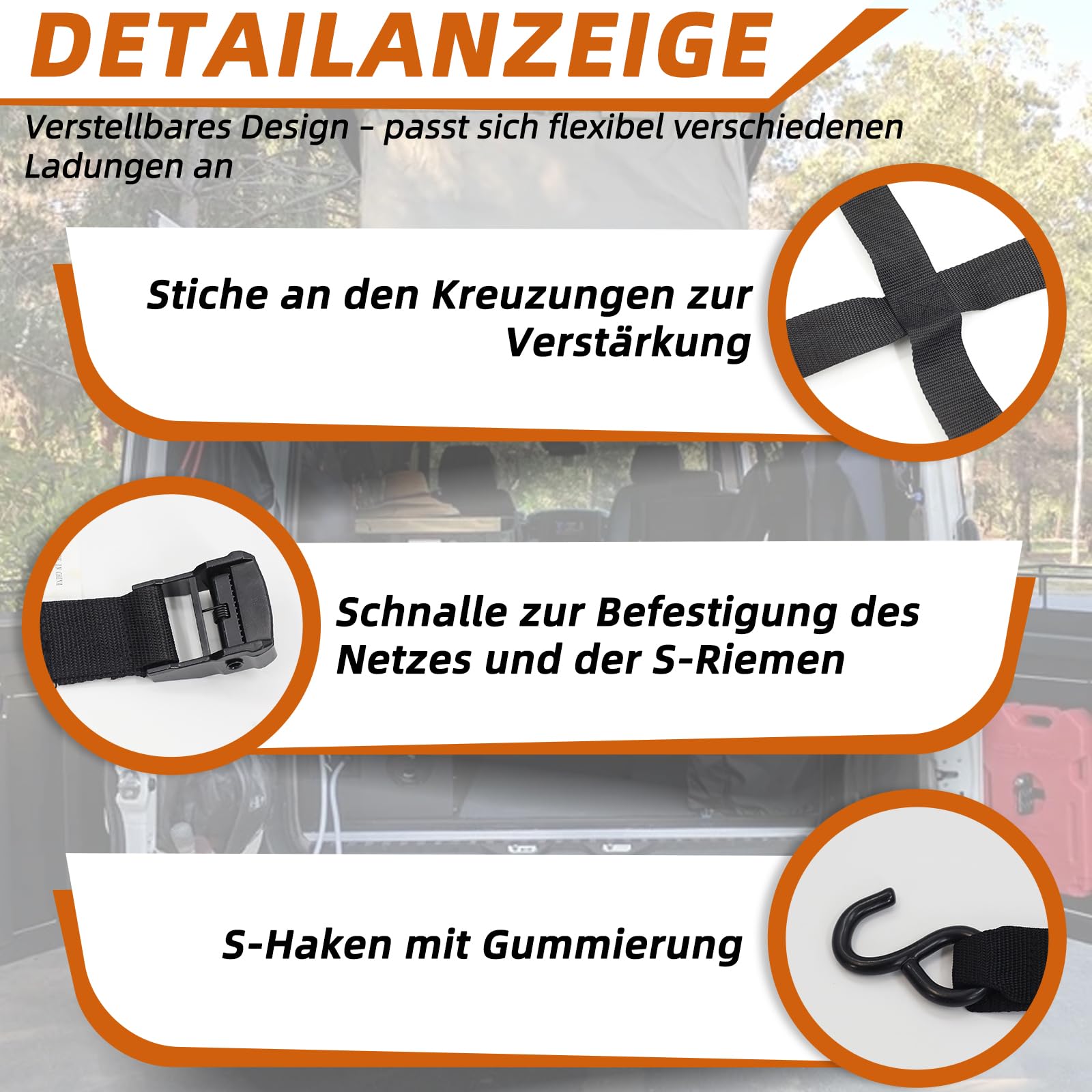 Ladeflächennetz: Reißfestes Laderaumnetz mit 4 verstellbaren Gurten zur Ladungssicherung auf Pickup-Anhängern. Passend für Transporter, Ducato, Boxer, Jumper, Opel Movano, Ford Transit, Mercedes-Benz